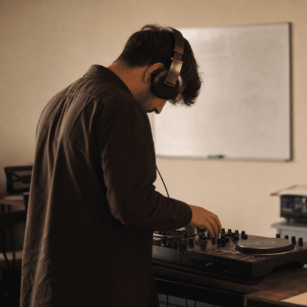 DJ MK 1 at the mixer, headphones on